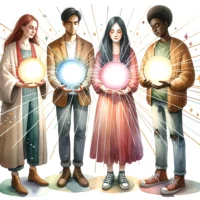 Group of people standing in a circle. Each holds a glowing orb, representing their unique spiritual gifts, with beams of light connecting them.