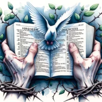 Pair of hands holding an open Bible, focusing on a highlighted verse about forgiveness.
