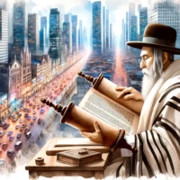 Ancient Jewish scholar reads a Torah in a traditional setting. Behind, a contemporary city skyline blends past with present, bridging ancient wisdom and modern life.