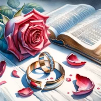 Broken wedding ring with a rose and an open Bible in the background. Signifies the sorrow and search for understanding regarding divorce from a Biblical perspective.