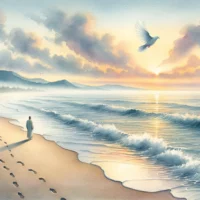 Tranquil dawn shoreline with footprints leading to a contemplative figure gazing at the horizon. Above, a dove symbolizes the Holy Spirit, signifying God’s presence in solitude.