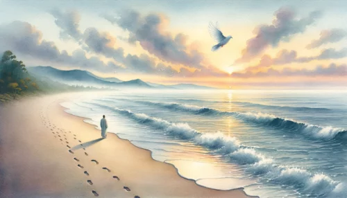 Tranquil dawn shoreline with footprints leading to a contemplative figure gazing at the horizon. Above, a dove symbolizes the Holy Spirit, signifying God’s presence in solitude.