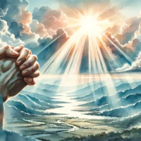 Person's hands clasped in prayer, with rays of sunlight breaking through the clouds above, highlighting the connection between man and God.