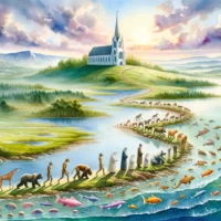 Tranquil landscape shows life's evolution from single-celled organisms in water to diverse land animals, leading to a distant church.