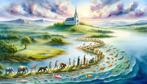 Tranquil landscape shows life's evolution from single-celled organisms in water to diverse land animals, leading to a distant church.