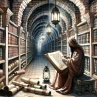 Ancient library ambiance with scrolls on wooden shelves. A scholar deeply engrossed in a pseudepigraphal text, illuminated by a lantern, seeking spiritual insights.