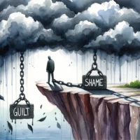 Individual standing at the edge of a cliff, burdened with heavy chains labeled 'guilt' and 'shame'. Overhead, dark storm clouds loom, representing the weight of these negative emotions.