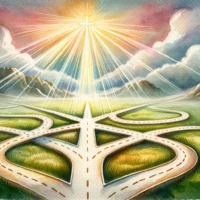 Crossroads with various paths leading in different directions. Above, a radiant light illuminates one path, symbolizing divine guidance in discerning right from wrong.