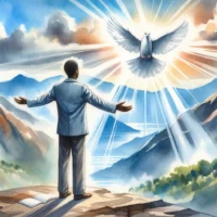 Christian person standing with arms outstretched on a mountaintop. Above them, a dove descends with beams of light, symbolizing the direct connection and blessing of the Holy Spirit.