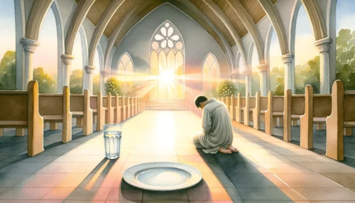 An individual kneels in prayer in a chapel with an empty plate and a glass of water, symbolizing fasting. Soft light through the windows embodies the Christian significance of fasting.