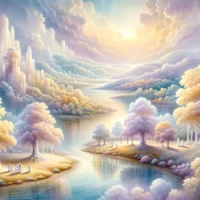 Ethereal landscape capturing Heaven, with rolling hills in a soft golden hue, crystalline light trees, a pastel blue-lavender sky, gentle clouds, and a reflective river.