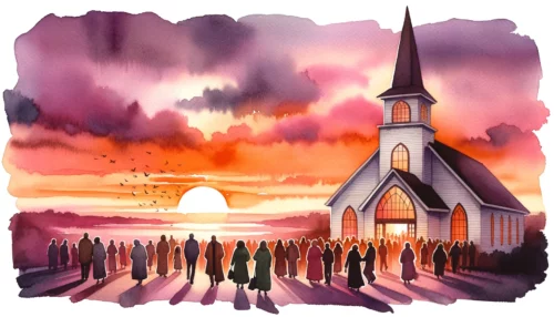 Christian church's exterior at sunset. Believers are seen exiting the church, some in deep conversation, while others are embracing, highlighting the sense of community and support.