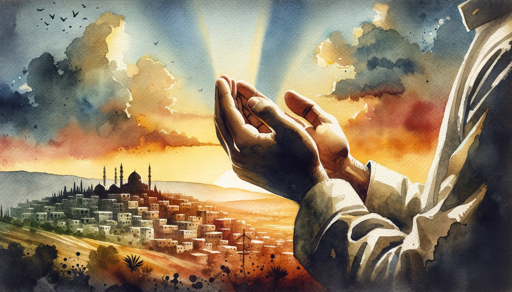 Hands folded in prayer against a backdrop of a Middle Eastern landscape, capturing the essence of seeking Christian guidance in the midst of the Israeli-Palestinian conflict.