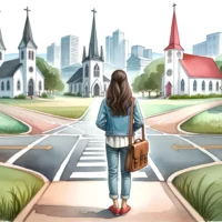 Young woman, standing at a crossroad with various church buildings in the distance, representing the choices and considerations in selecting the right church.