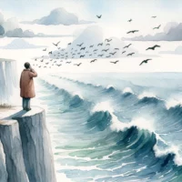 Person standing at the edge of a cliff, looking out at a vast ocean. Birds fly overhead, and a gentle breeze stirs the air.