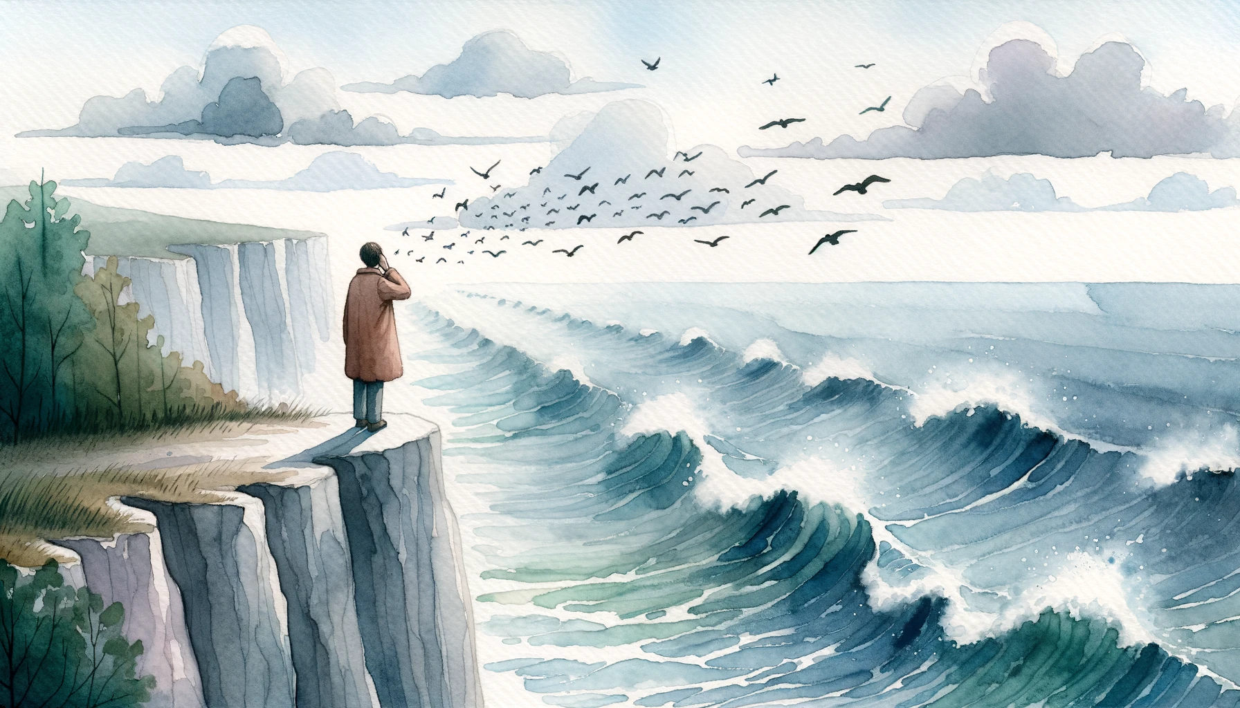 Person standing at the edge of a cliff, looking out at a vast ocean. Birds fly overhead, and a gentle breeze stirs the air.