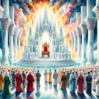 Grand throne surrounded by a sea of glass, with seven pillars of fire representing the seven Spirits of God, inspired by the descriptions in Revelation.