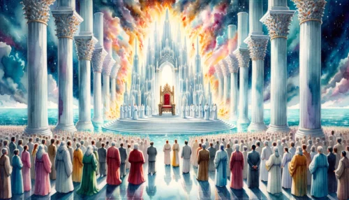 Grand throne surrounded by a sea of glass, with seven pillars of fire representing the seven Spirits of God, inspired by the descriptions in Revelation.