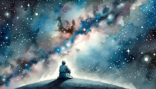 Christian deep in thought sits on a hill, looking up at the stars, contemplating the profound question of God’s origin under a starry night sky.