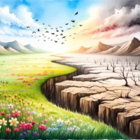 Serene meadow transitioning into a barren desert, symbolizing the duality of good and evil in the world.