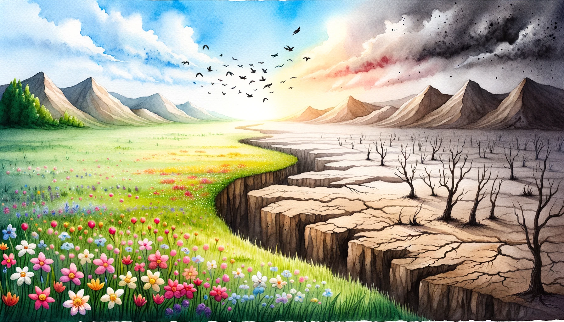 Serene meadow transitioning into a barren desert, symbolizing the duality of good and evil in the world.