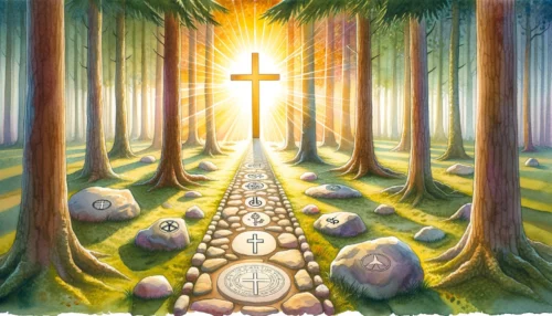 Sunlit forest clearing with a stone pathway leading to a radiant cross in the center. Along the path, small markers with symbols of various beliefs highlight Christianity's place among them.