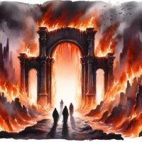 Gateway engulfed in flames, with dark silhouettes approaching it. The scene captures the entry into hell and the solemnity of the concept of eternal punishment for sin.