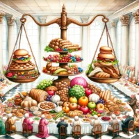 Lavish feast table with diverse foods, a balance scale above symbolizing the balance between gluttony and moderation.