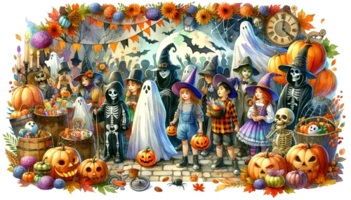 Halloween celebration with modern costumes inspired by ancient traditions. Children and adults in supernatural attire amid autumnal decorations.