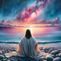 Jesus, viewed from behind, sits on a serene beach at dusk, watching stars emerge in the twilight sky, symbolizing His connection to the heavens and divinity.