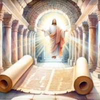 Inside an ancient temple a scroll is unrolled, displaying Old Testament prophecies. Beside it, a depiction of Jesus is shown, symbolizing the fulfillment of these prophecies.