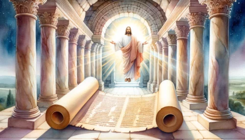Inside an ancient temple a scroll is unrolled, displaying Old Testament prophecies. Beside it, a depiction of Jesus is shown, symbolizing the fulfillment of these prophecies.