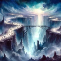 Twilight landscape where a bridge spans a chasm filled with mist and ethereal lights. Symbolic of purgatory, leads from a dark, rocky terrain to a luminous heavenly realm.