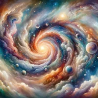 The universe in its infancy, with swirling colors and energies coming together to form stars, planets, and galaxies, representing the church of Scientology.