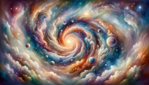 The universe in its infancy, with swirling colors and energies coming together to form stars, planets, and galaxies, representing the church of Scientology.