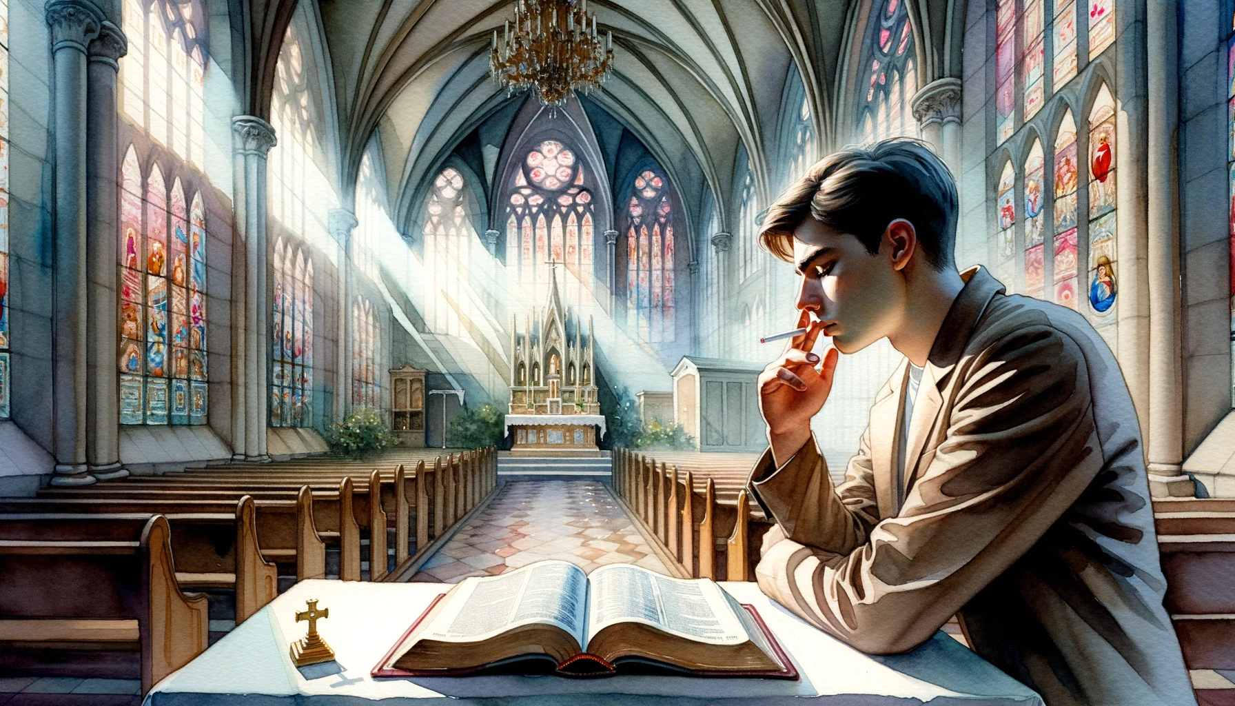 Young Christian man holding a cigarette in a temple, contemplates it, juxtaposing the act of smoking with the sacred setting.