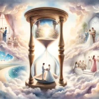 Vintage hourglass against heavenly clouds. Scenes of life events inside - proposals, weddings, prayer. Depicts divine timing and Scriptural guidance on marriage.