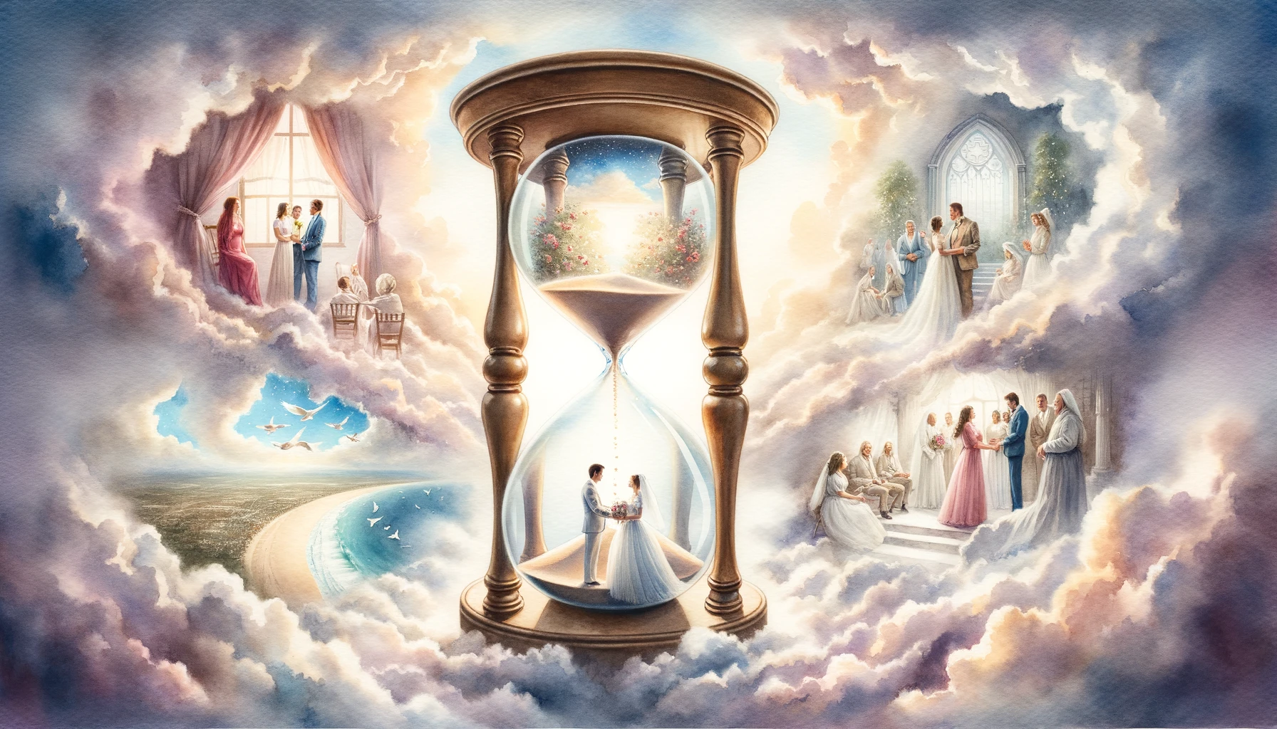 Vintage hourglass against heavenly clouds. Scenes of life events inside - proposals, weddings, prayer. Depicts divine timing and Scriptural guidance on marriage.