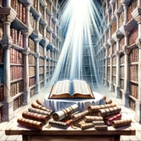 Ancient library filled with scrolls and books. A beam of light shines onto a table where a Bible is placed, highlighting its significance among all scriptures.