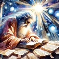 Illuminated by celestial light, an ancient scribe fervently writes scriptures, representing the divine connection and sanctification of the Bible's message.