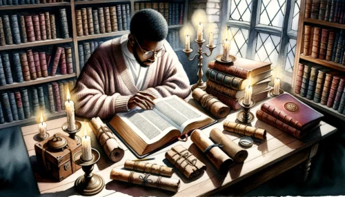 On a wooden desk an open Bible is surrounded by various ancient manuscripts and scrolls. A person closely examines the texts, symbolizing the scrutiny and exploration of Biblical inerrancy.