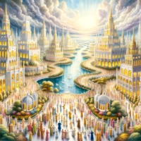 Majestic heavenly New Jerusalem with golden streets, shimmering buildings, and crystal-clear rivers. Crowds of people engage in various activities, from singing in choirs to studying in grand libraries.