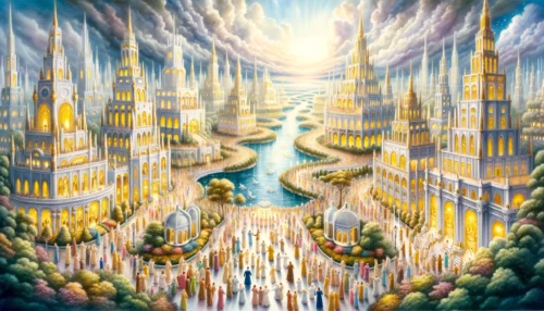 Majestic heavenly New Jerusalem with golden streets, shimmering buildings, and crystal-clear rivers. Crowds of people engage in various activities, from singing in choirs to studying in grand libraries.