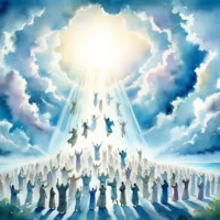 Serene sky with numerous figures being lifted upwards towards a radiant light, symbolizing the rapture and the second coming of Christ.