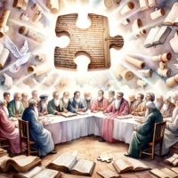 Biblical scholars and theologians engrossed in discussion about the synoptic problem, surrounded by ancient manuscripts.