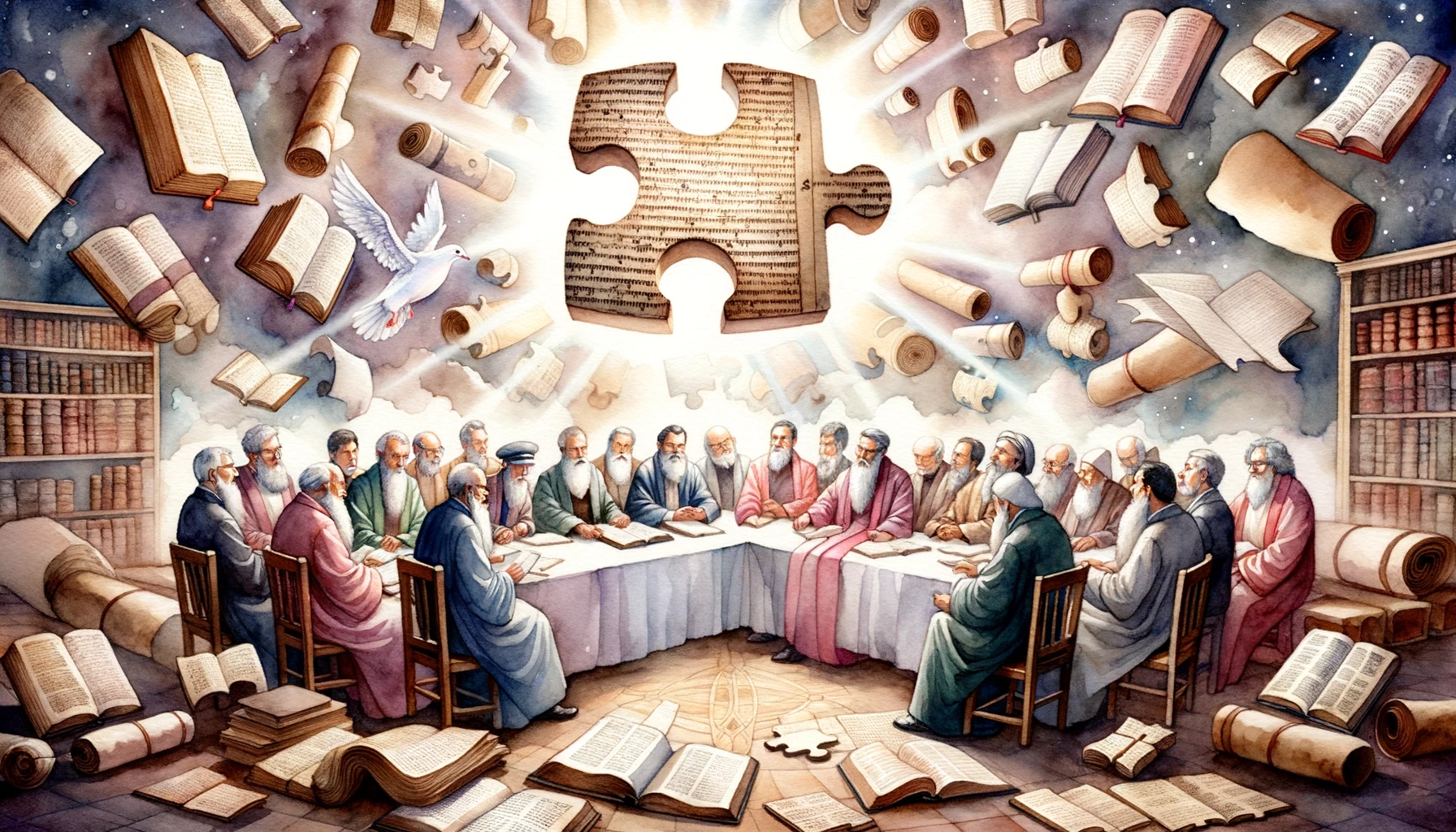 Biblical scholars and theologians engrossed in discussion about the synoptic problem, surrounded by ancient manuscripts.