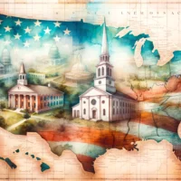 Old map of the United States, overlaid with translucent images of a church and a government building, symbolizing the blend of Christian and state influences.