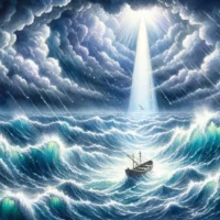 Stormy night at sea, a small boat battles waves. A radiant beam from the heavens shines on the boat, symbolizing God's guidance and promise in challenging times.