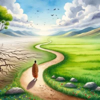 Landscape with a path from barren land to lush meadow. Person walks, symbolizing the journey from spiritual burnout to rest and rejuvenation.