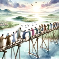 Bridge connecting two land masses, with people of various descents helping one another cross.